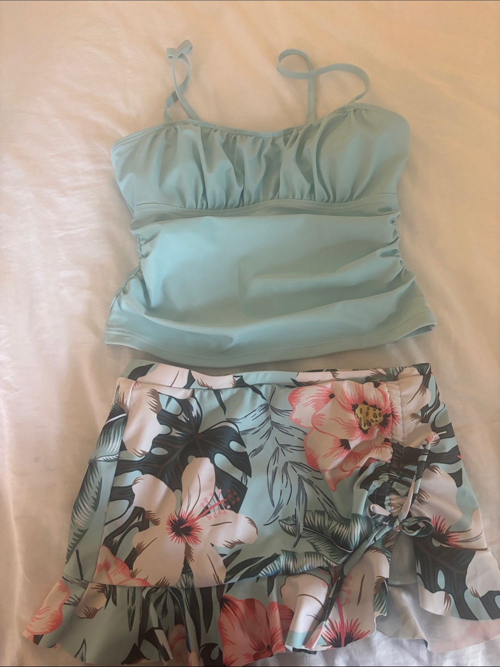 Light Aqua Tankini Top with Floral Swim Skirt (9-11 yrs)